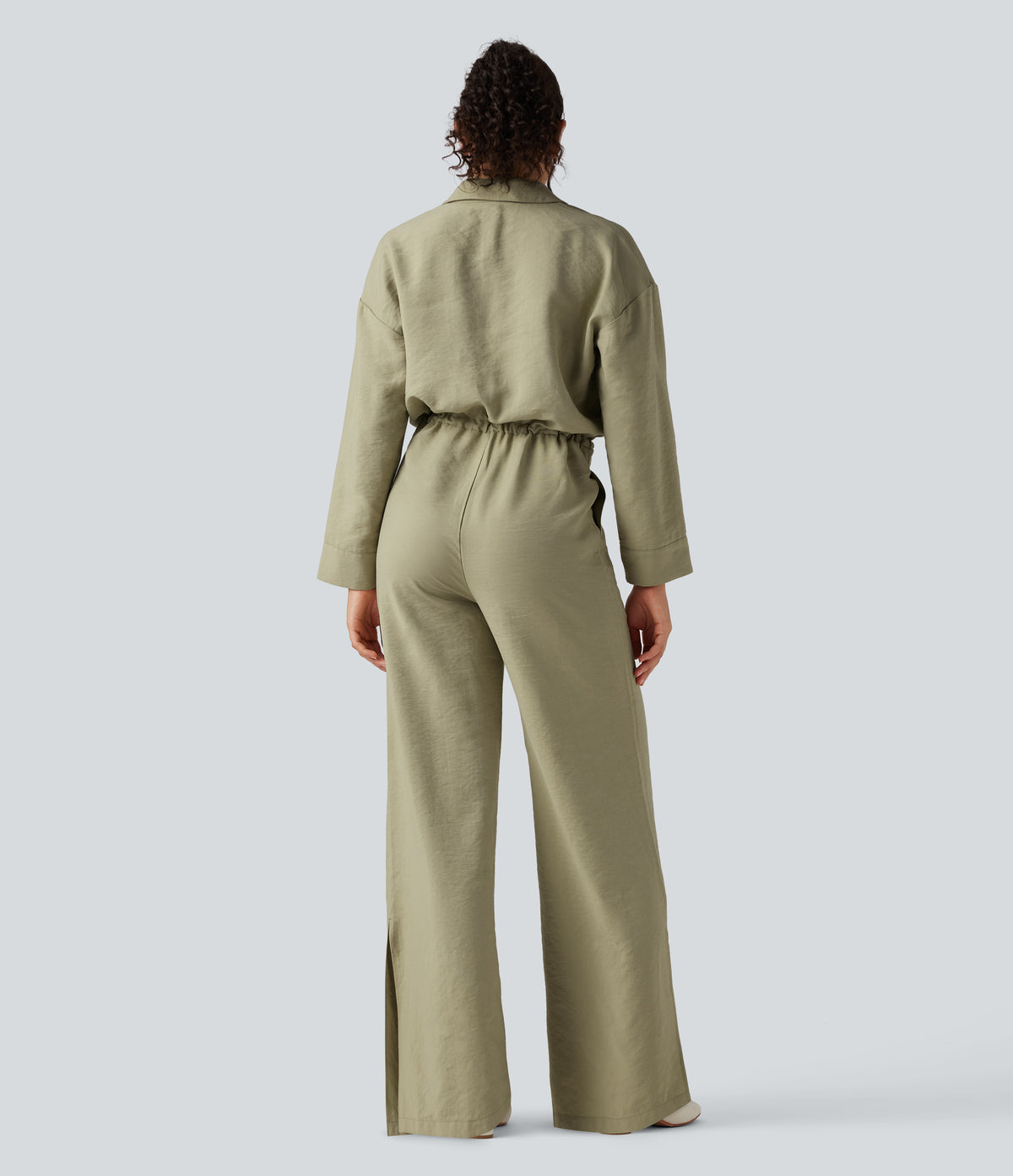 Long Sleeve Drawstring Wide Leg Work Jumpsuit with Pockets — Bog — view 2