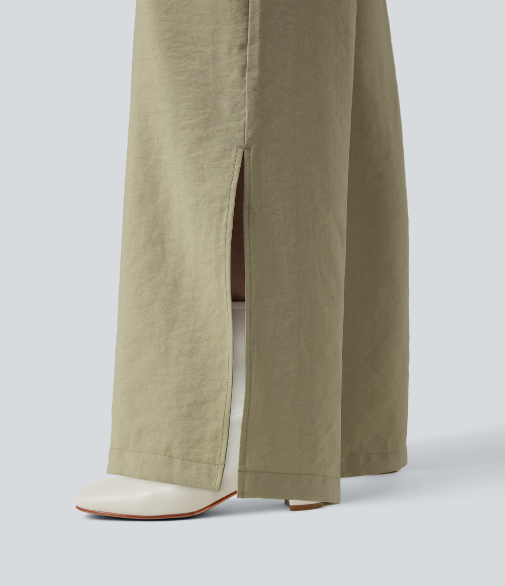 Long Sleeve Drawstring Wide Leg Work Jumpsuit with Pockets — Bog — view 6