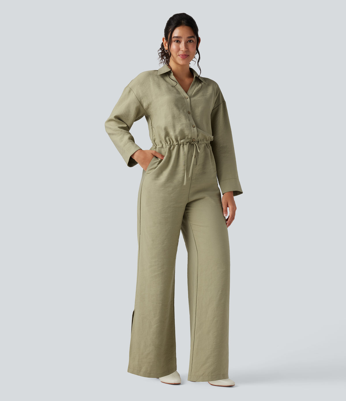 Long Sleeve Drawstring Wide Leg Work Jumpsuit with Pockets — Bog — view 3