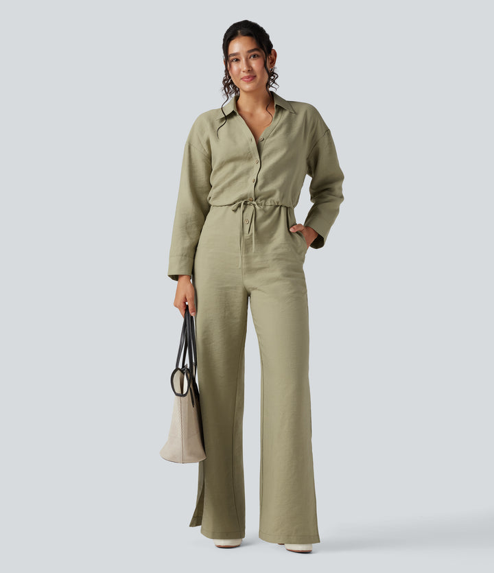Long Sleeve Drawstring Wide Leg Work Jumpsuit with Pockets — Bog — view 1