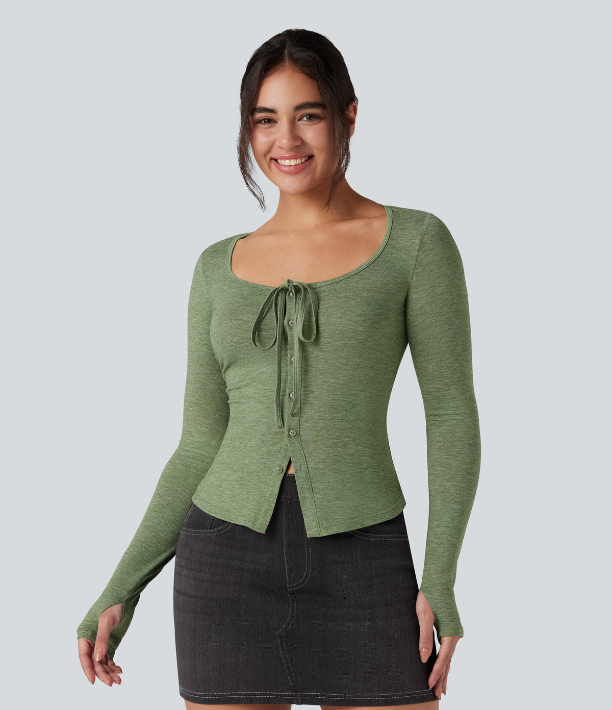 Scoop Neck Tie Front Long Sleeve Thumb Hole Casual Top — Light Green Floral Yarn — view 1