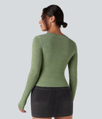 Scoop Neck Tie Front Long Sleeve Thumb Hole Casual Top — Light Green Floral Yarn — view 2
