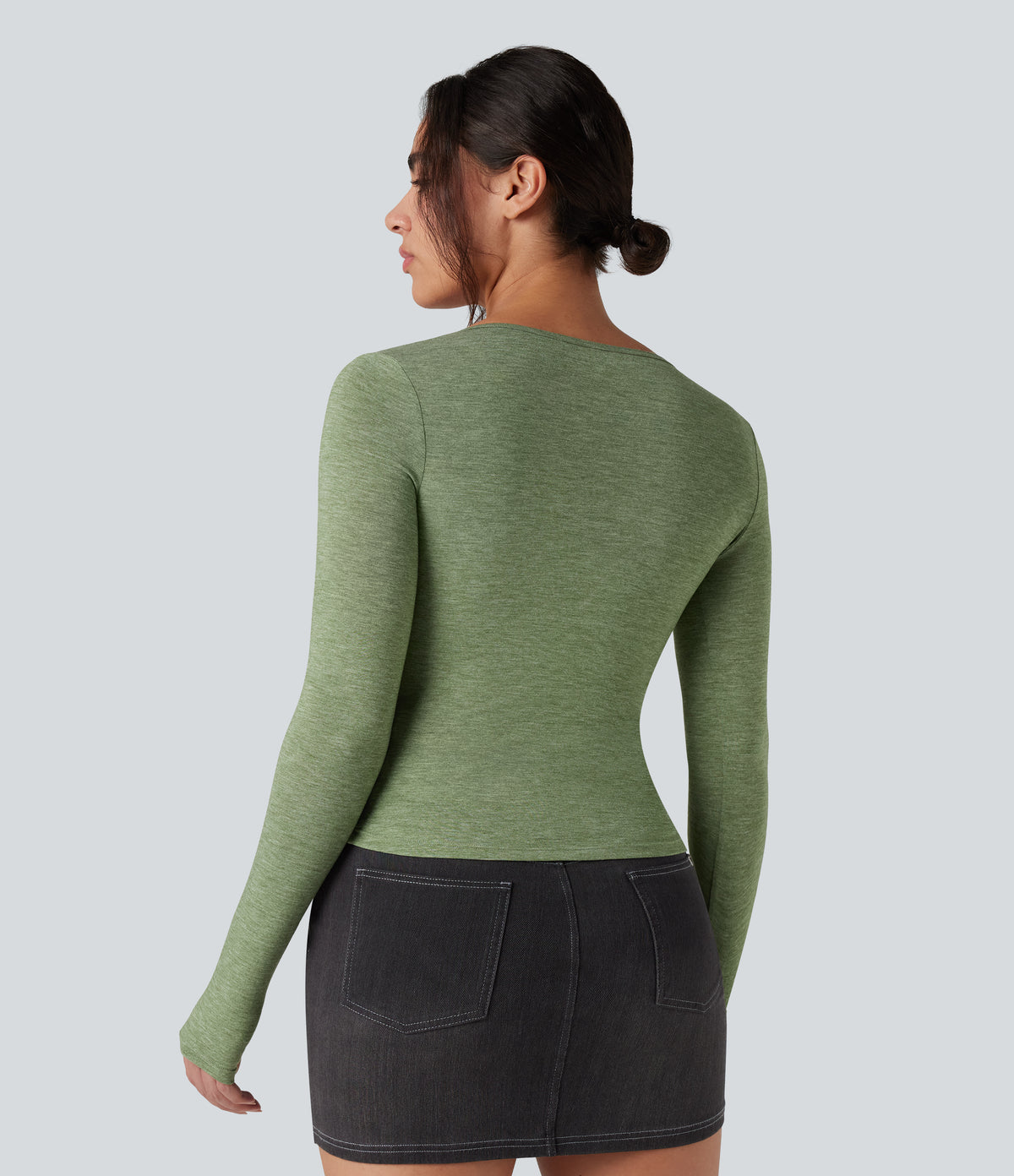 Scoop Neck Tie Front Long Sleeve Thumb Hole Casual Top — Light Green Floral Yarn — view 2