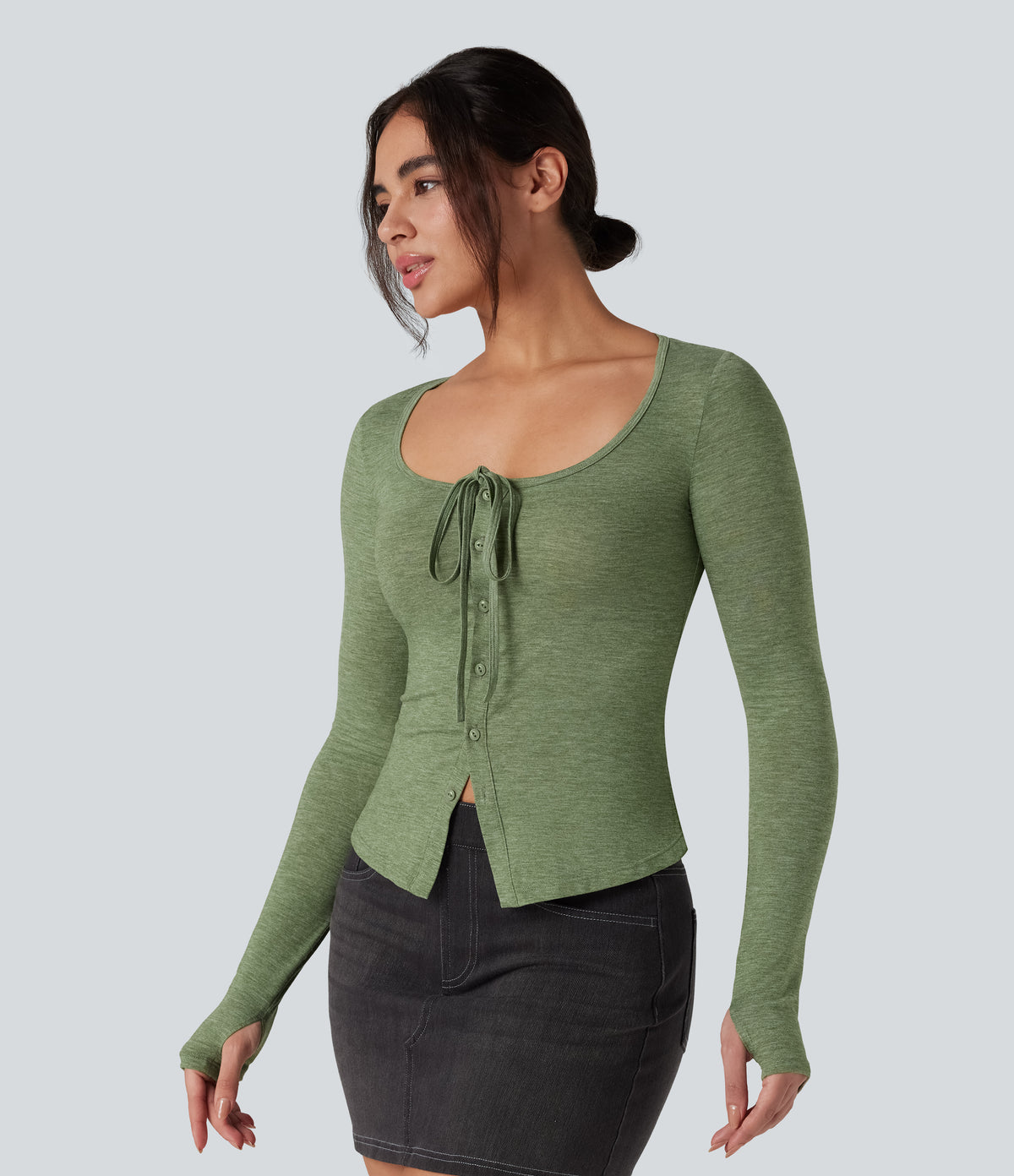 Scoop Neck Tie Front Long Sleeve Thumb Hole Casual Top — Light Green Floral Yarn — view 3