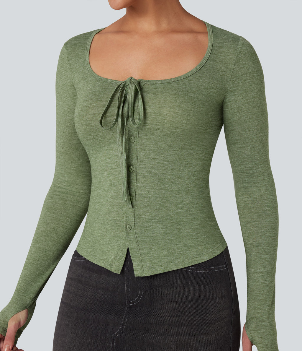 Scoop Neck Tie Front Long Sleeve Thumb Hole Casual Top — Light Green Floral Yarn — view 4