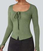 Scoop Neck Tie Front Long Sleeve Thumb Hole Casual Top — Light Green Floral Yarn — view 4