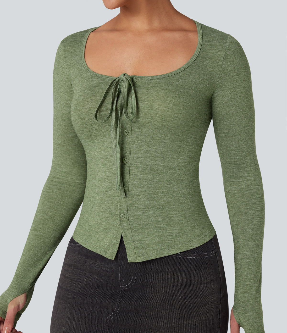 Scoop Neck Tie Front Long Sleeve Thumb Hole Casual Top — Light Green Floral Yarn — view 4