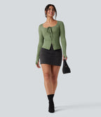 Scoop Neck Tie Front Long Sleeve Thumb Hole Casual Top — Light Green Floral Yarn — view 6