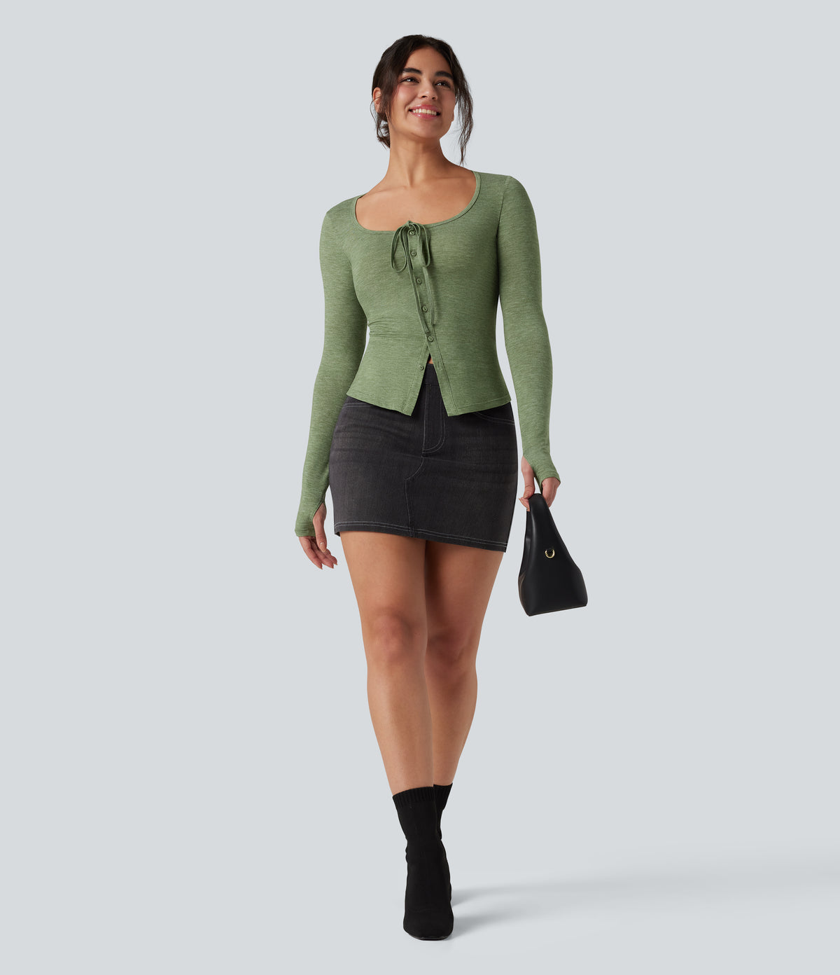 Scoop Neck Tie Front Long Sleeve Thumb Hole Casual Top — Light Green Floral Yarn — view 6