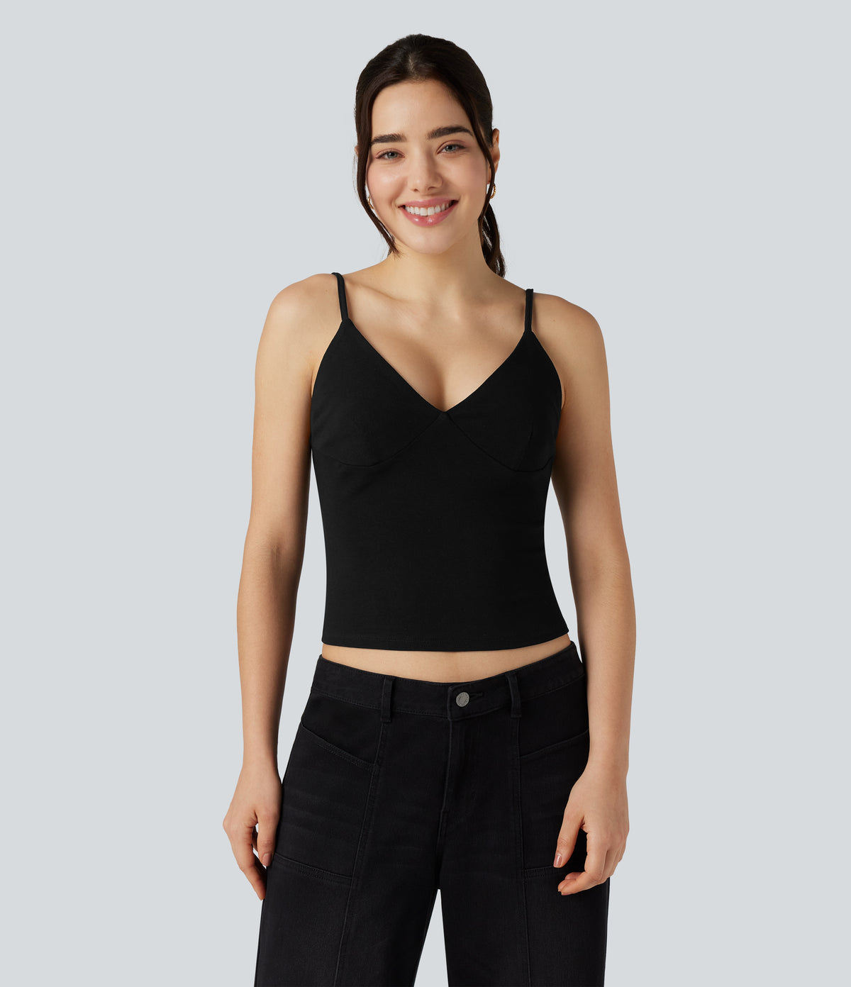 Deep V-neck Adjustable Strap Casual Cami Top — Black — view 2