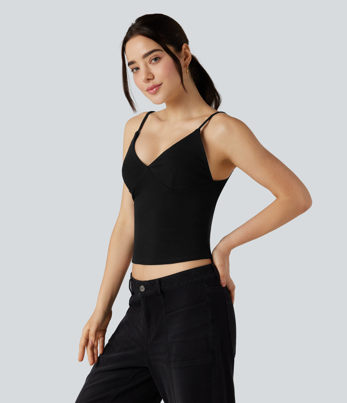 Deep V-neck Adjustable Strap Casual Cami Top — Black — view 4