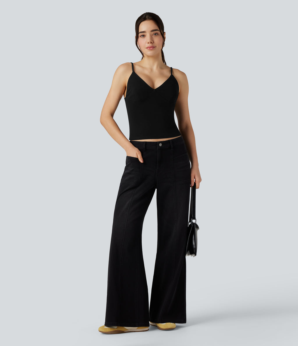 Deep V-neck Adjustable Strap Casual Cami Top — Black — view 6