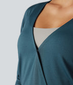 Deep V-neck Long Sleeve Thumb Holes Drawstring Hem Yoga Sports Top — Reflecting Pond — view 4