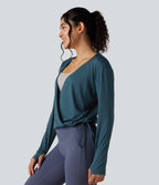 Deep V-neck Long Sleeve Thumb Holes Drawstring Hem Yoga Sports Top — Reflecting Pond — view 3