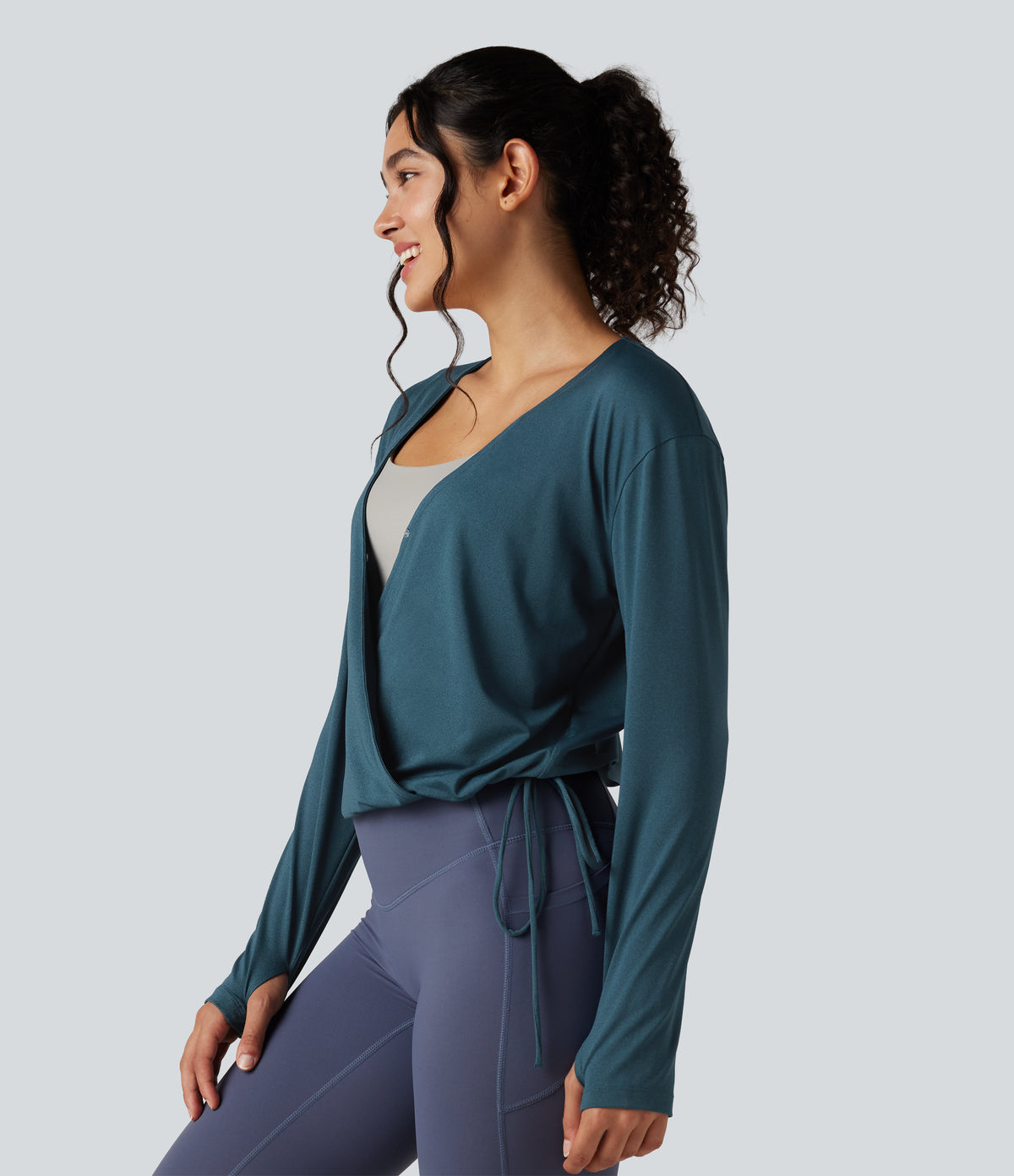 Deep V-neck Long Sleeve Thumb Holes Drawstring Hem Yoga Sports Top — Reflecting Pond — view 3