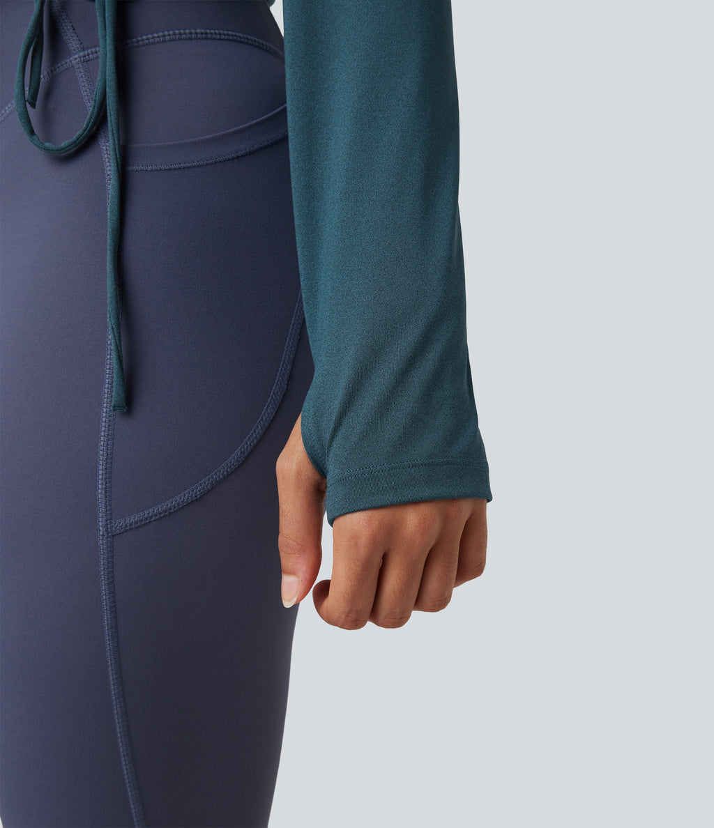 Deep V-neck Long Sleeve Thumb Holes Drawstring Hem Yoga Sports Top — Reflecting Pond — view 5