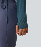 Deep V-neck Long Sleeve Thumb Holes Drawstring Hem Yoga Sports Top — Reflecting Pond — view 5