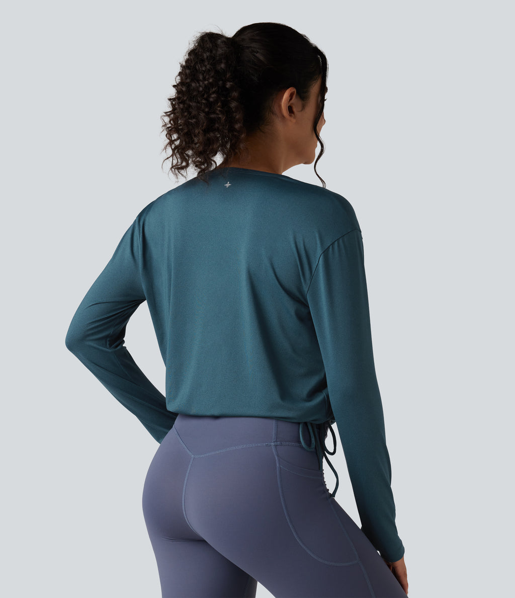 Deep V-neck Long Sleeve Thumb Holes Drawstring Hem Yoga Sports Top — Reflecting Pond — view 2