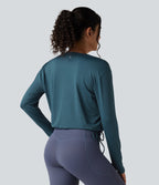 Deep V-neck Long Sleeve Thumb Holes Drawstring Hem Yoga Sports Top — Reflecting Pond — view 2