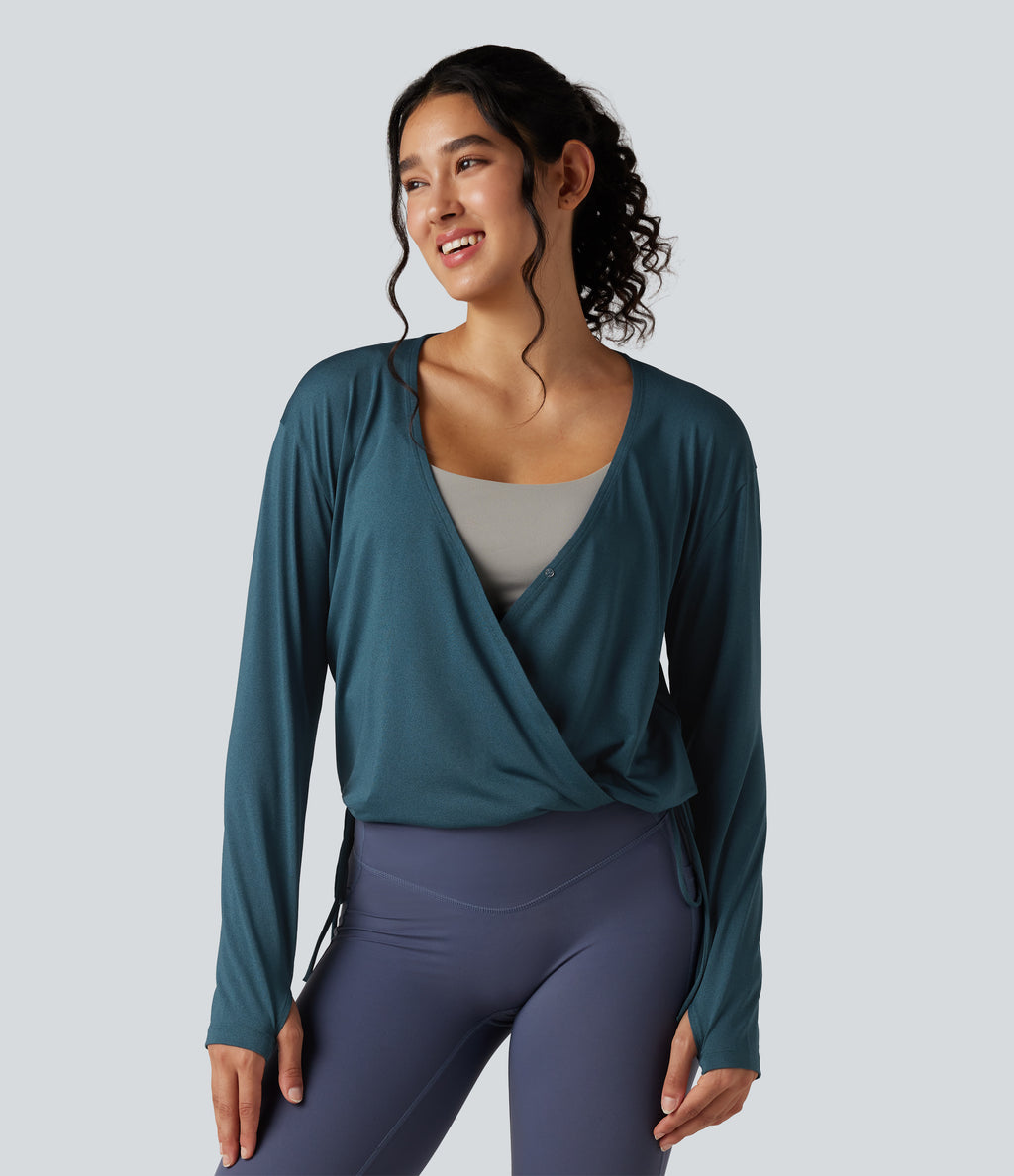 Deep V-neck Long Sleeve Thumb Holes Drawstring Hem Yoga Sports Top — Reflecting Pond — view 1