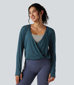 Deep V-neck Long Sleeve Thumb Holes Drawstring Hem Yoga Sports Top — Reflecting Pond — view 1