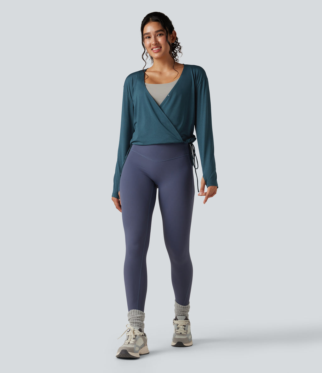 Deep V-neck Long Sleeve Thumb Holes Drawstring Hem Yoga Sports Top — Reflecting Pond — view 7