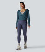 Deep V-neck Long Sleeve Thumb Holes Drawstring Hem Yoga Sports Top — Reflecting Pond — view 7