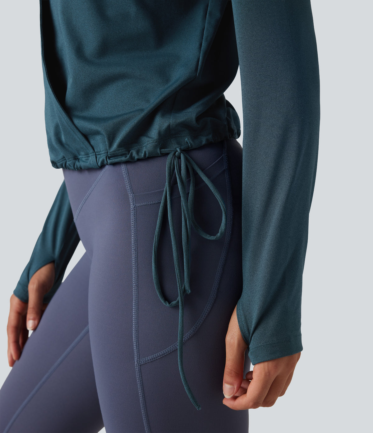 Deep V-neck Long Sleeve Thumb Holes Drawstring Hem Yoga Sports Top — Reflecting Pond — view 6