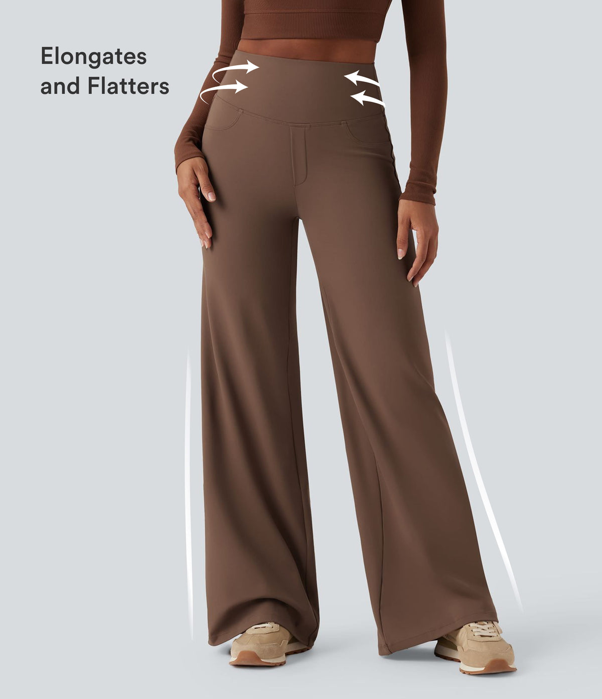 High Waisted Tummy Control Wide Leg Yoga Trousers with Pockets — Sepia — view 6