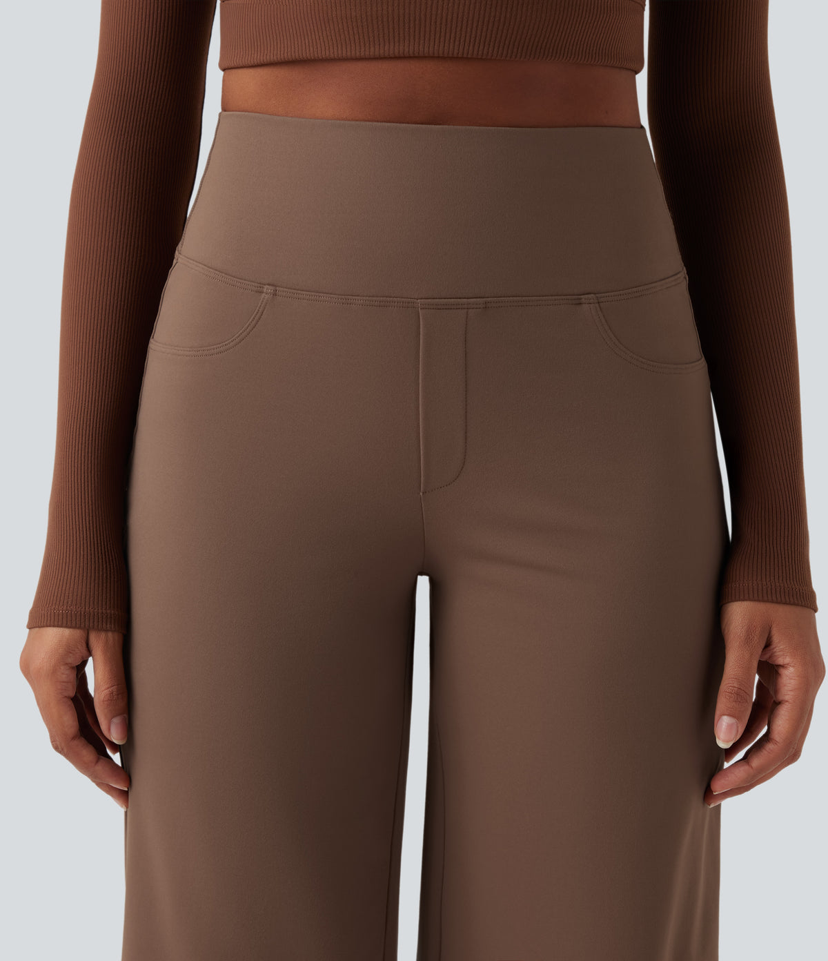 High Waisted Tummy Control Wide Leg Yoga Trousers with Pockets — Sepia — view 7