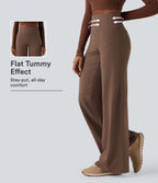 High Waisted Tummy Control Wide Leg Yoga Trousers with Pockets — Sepia — view 1