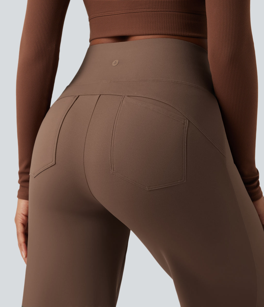 High Waisted Tummy Control Wide Leg Yoga Trousers with Pockets — Sepia — view 8