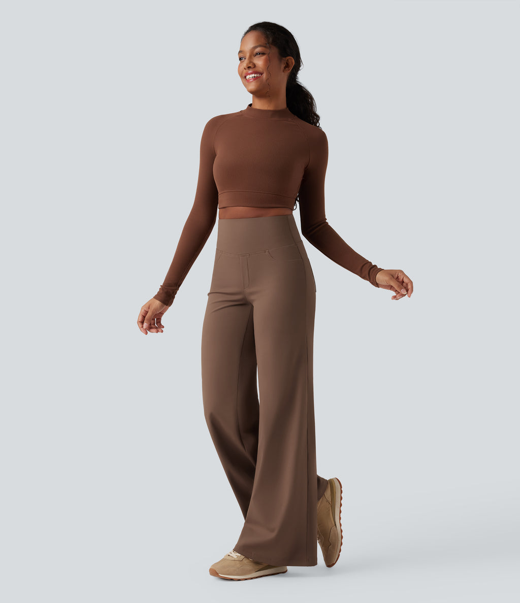 High Waisted Tummy Control Wide Leg Yoga Trousers with Pockets — Sepia — view 3