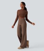 High Waisted Tummy Control Wide Leg Yoga Trousers with Pockets — Sepia — view 3
