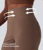 High Waisted Tummy Control Wide Leg Yoga Trousers with Pockets — Sepia — view 5