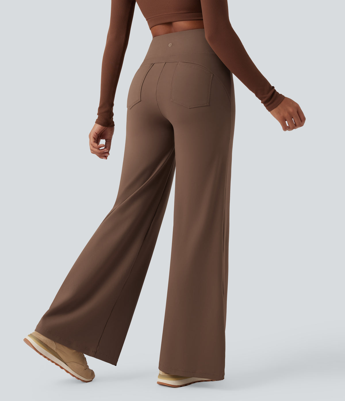 High Waisted Tummy Control Wide Leg Yoga Trousers with Pockets — Sepia — view 2