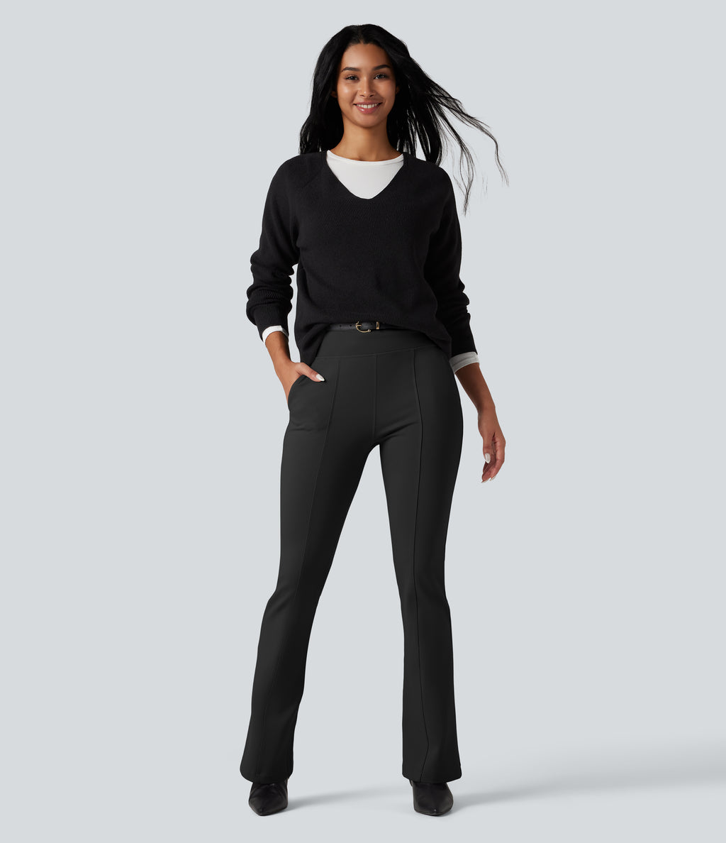 High Waisted Work Flared Trousers with Pockets — Black — view 7