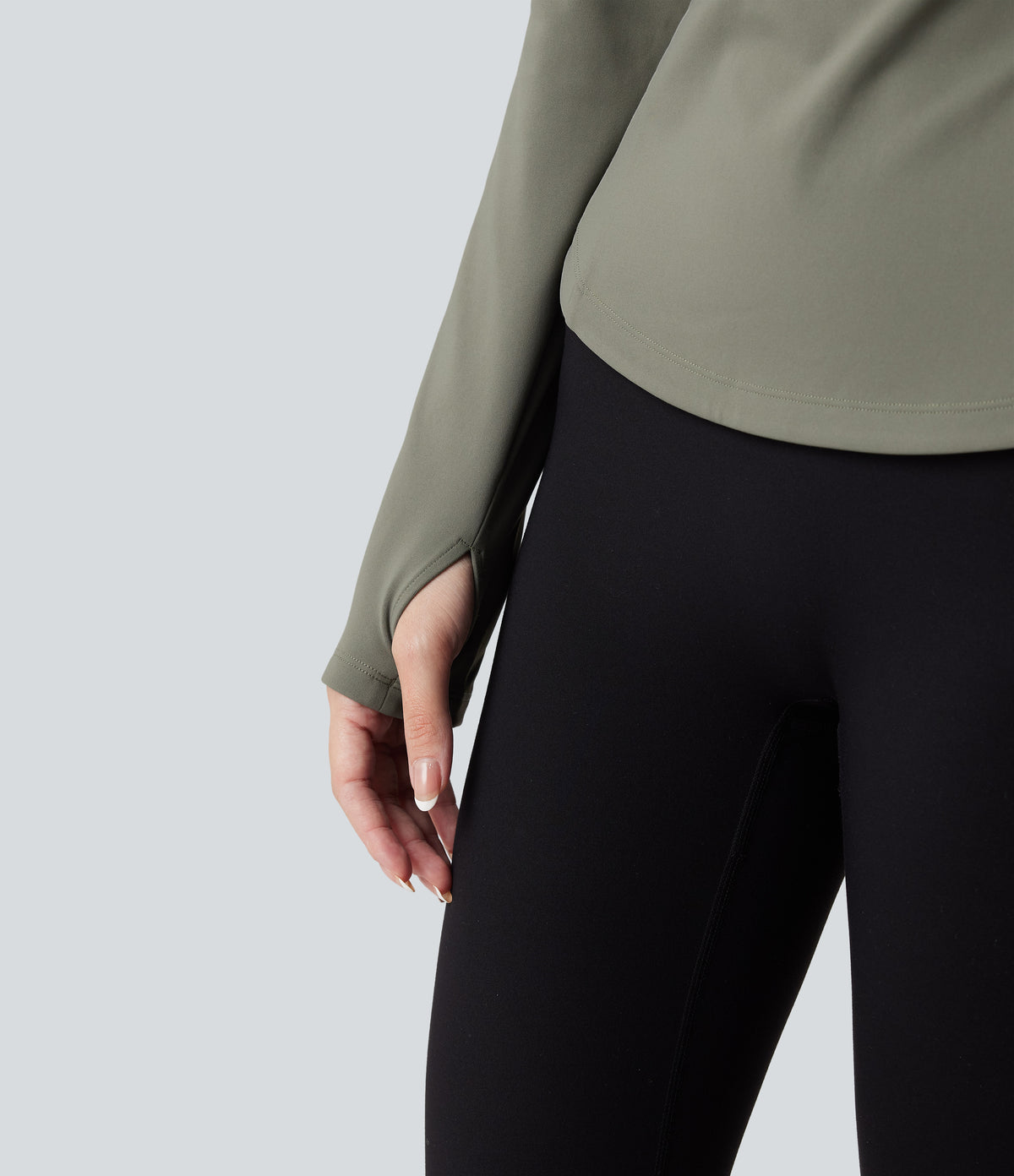 Stand Collar Half Zip Long Sleeve Thumb Holes Fleece Yoga Sports Top — Deep Lichen Green — view 6