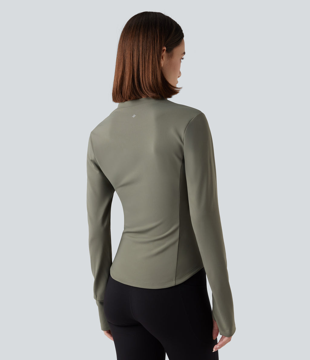 Stand Collar Half Zip Long Sleeve Thumb Holes Fleece Yoga Sports Top — Deep Lichen Green — view 2