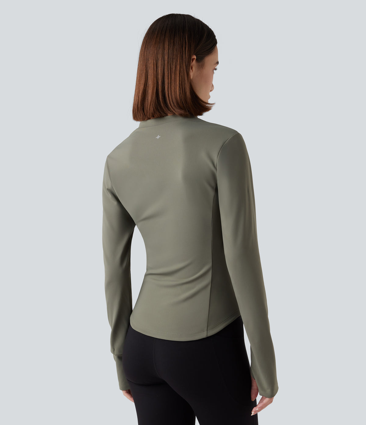 Stand Collar Half Zip Long Sleeve Thumb Holes Fleece Yoga Sports Top — Deep Lichen Green — view 2