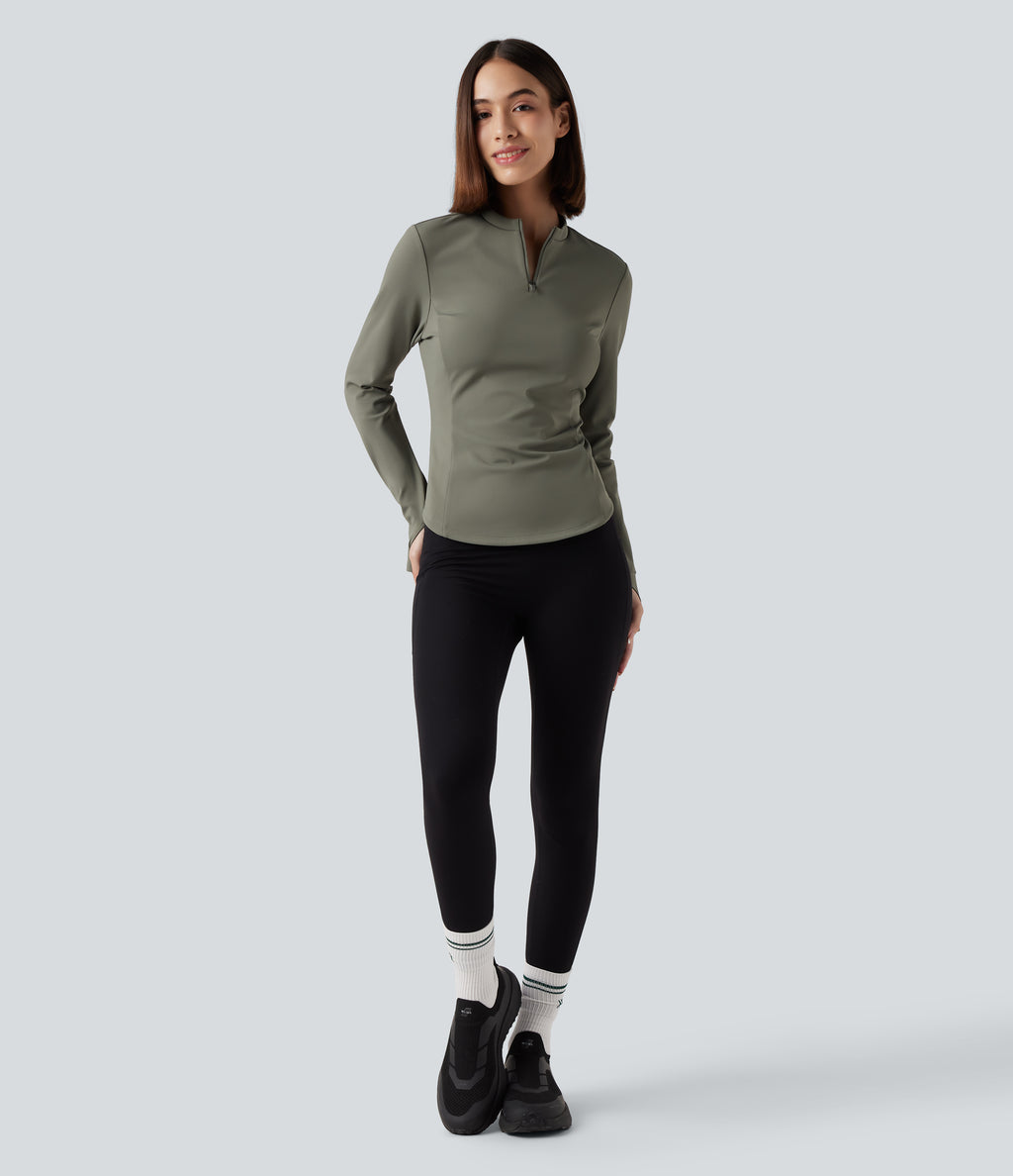 Stand Collar Half Zip Long Sleeve Thumb Holes Fleece Yoga Sports Top — Deep Lichen Green — view 7