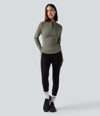 Stand Collar Half Zip Long Sleeve Thumb Holes Fleece Yoga Sports Top — Deep Lichen Green — view 7