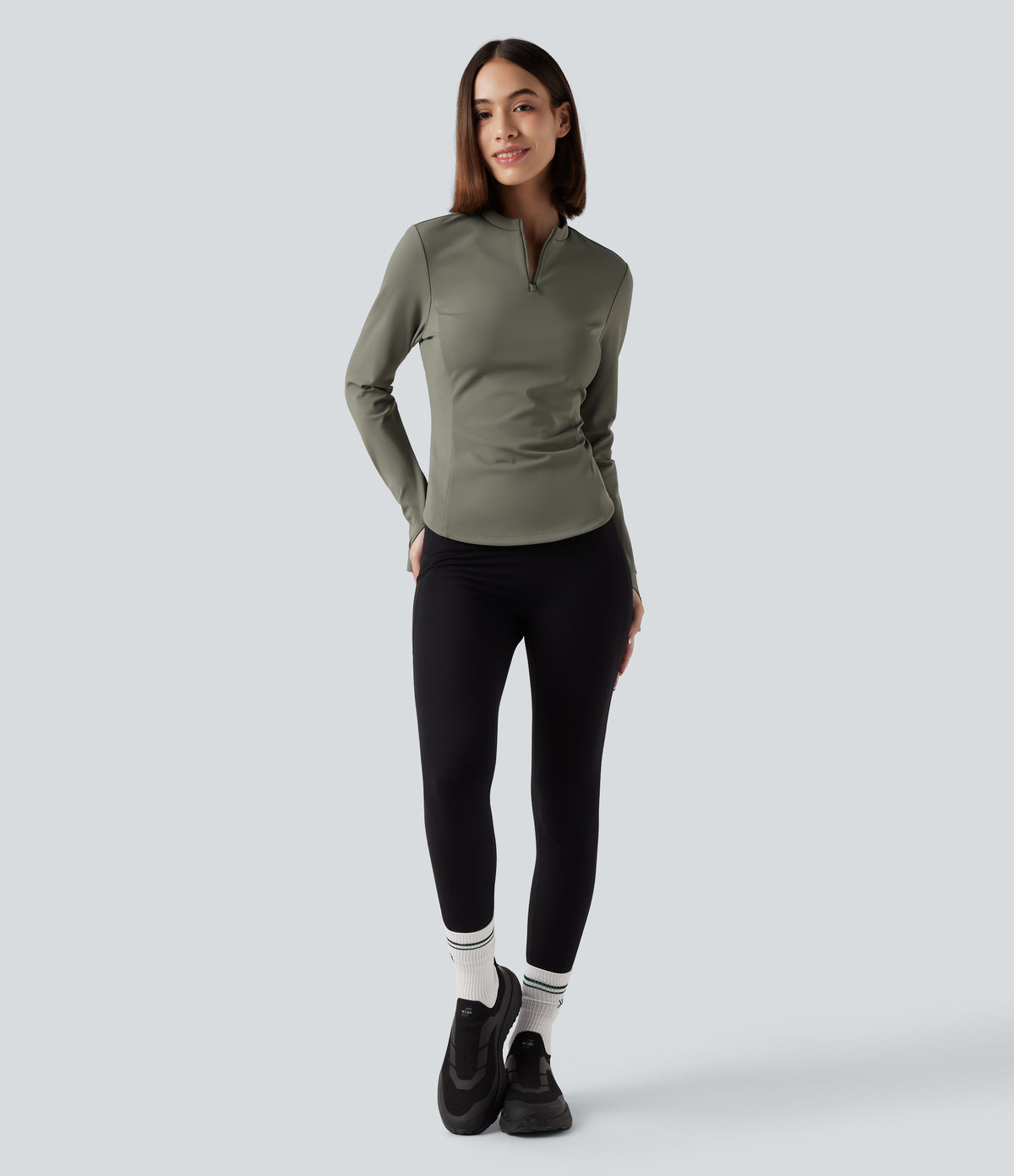 Stand Collar Half Zip Long Sleeve Thumb Holes Fleece Yoga Sports Top — Deep Lichen Green — view 7