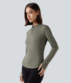 Stand Collar Half Zip Long Sleeve Thumb Holes Fleece Yoga Sports Top — Deep Lichen Green — view 3