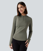 Stand Collar Half Zip Long Sleeve Thumb Holes Fleece Yoga Sports Top — Deep Lichen Green — view 1