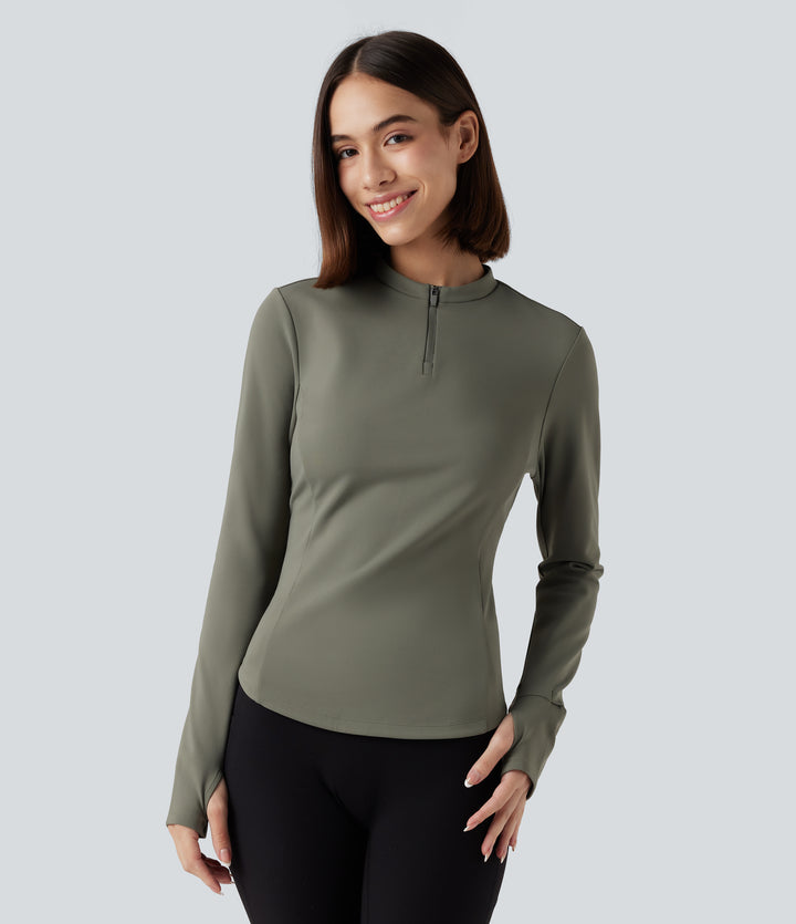 Stand Collar Half Zip Long Sleeve Thumb Holes Fleece Yoga Sports Top — Deep Lichen Green — view 1