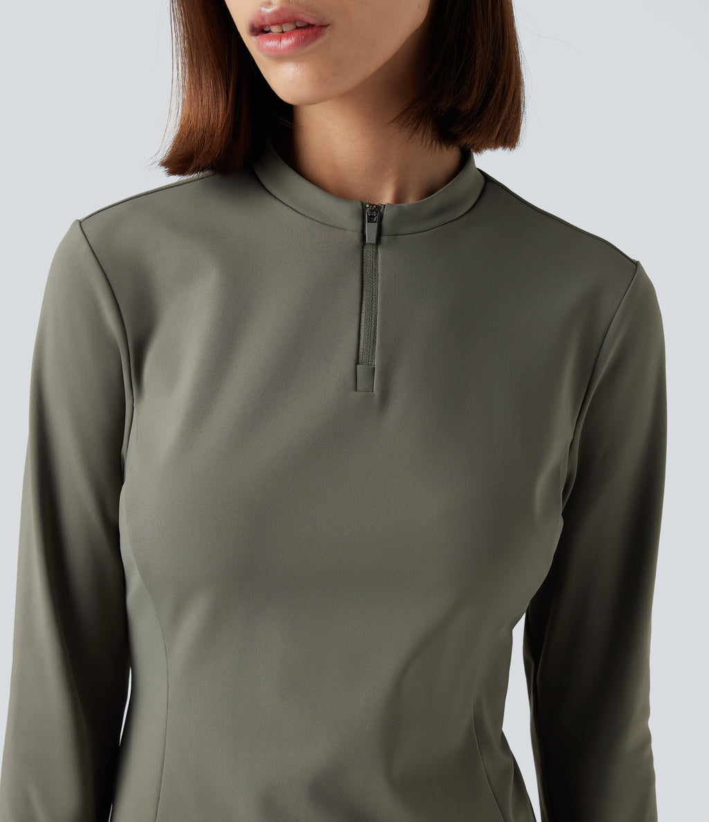 Stand Collar Half Zip Long Sleeve Thumb Holes Fleece Yoga Sports Top — Deep Lichen Green — view 4