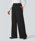 High Waisted Waffle Work Baggy Trousers with Pockets — Black — view 3