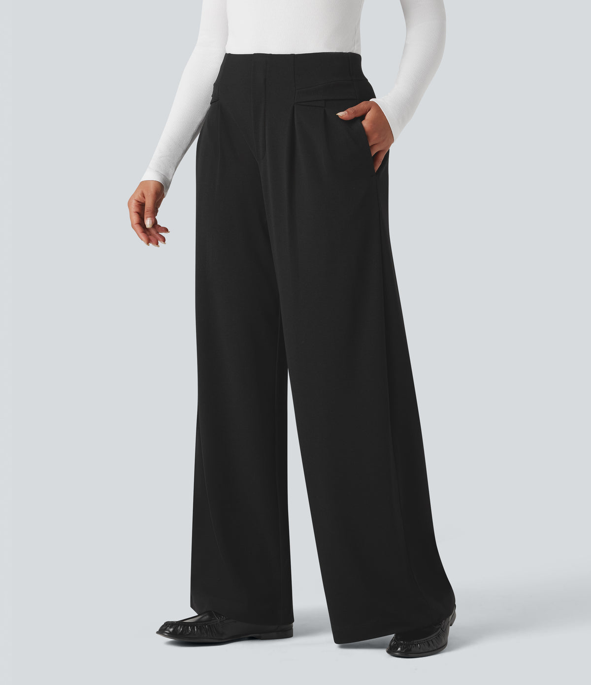 High Waisted Waffle Work Baggy Trousers with Pockets — Black — view 3