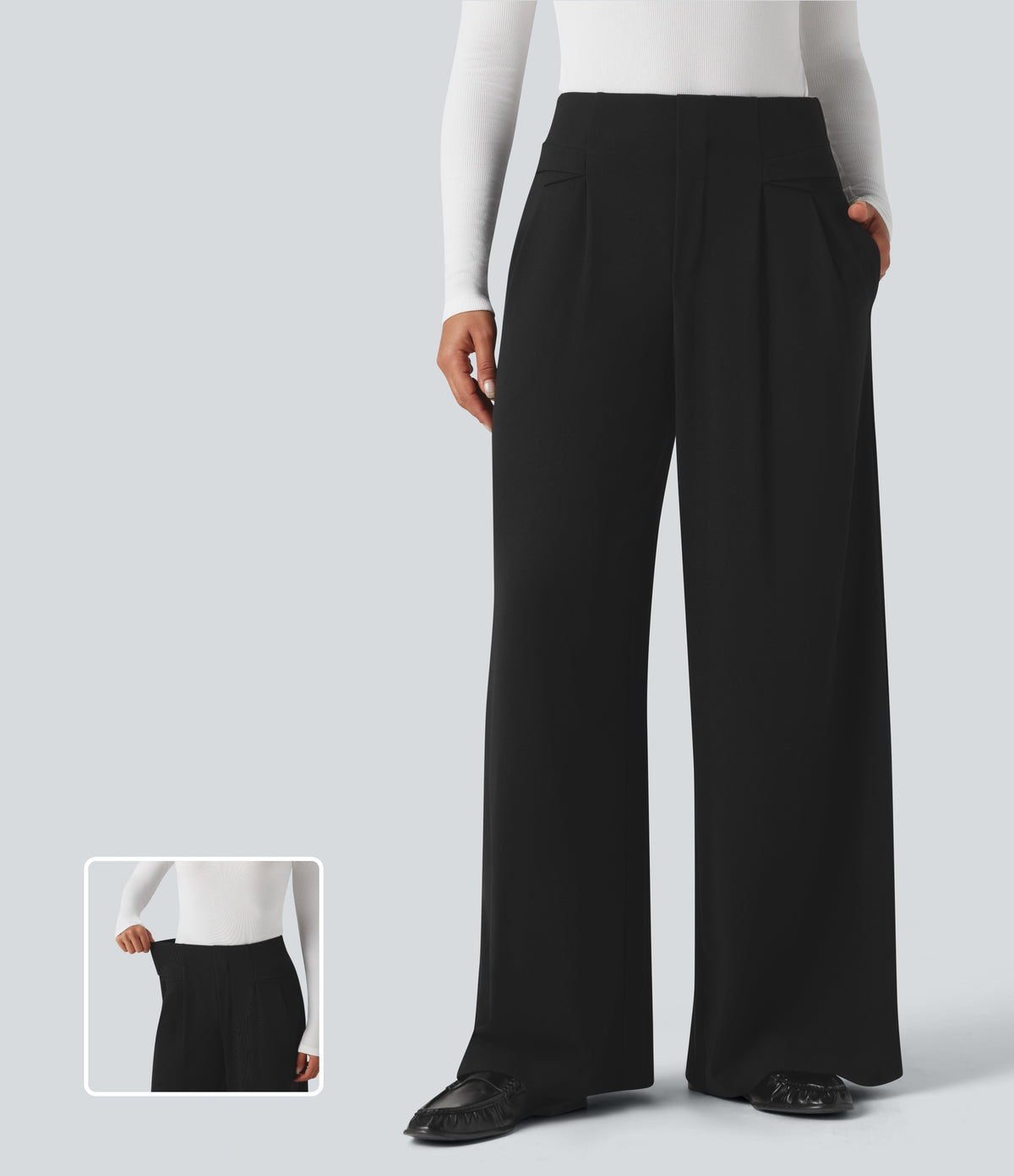 High Waisted Waffle Work Baggy Trousers with Pockets — Black — view 1